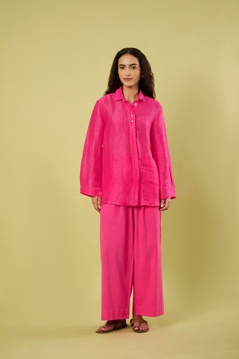 Pink Linen Silk Shirt and Khadi Cotton Pants Co-Ord Set (Set of 2)