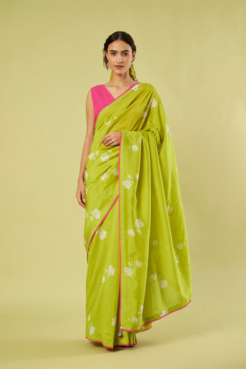 Lime Chanderi Printed Saree with Crochet Floral Tassels and Pink Stylize Blouse in Cotton Khadi (Set of 2)