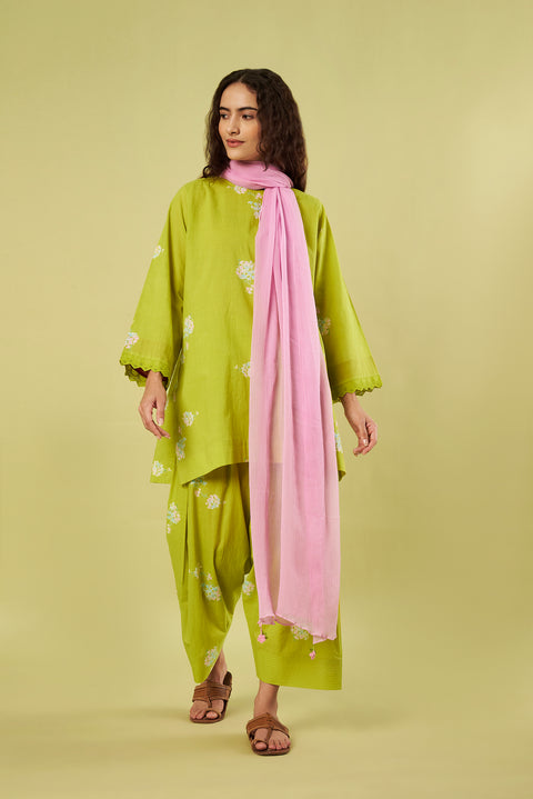 Printed Cotton Short Kurti with Lace Details,  Farshi Salwar with Pink Chiffon Dupatta(Set of 3)