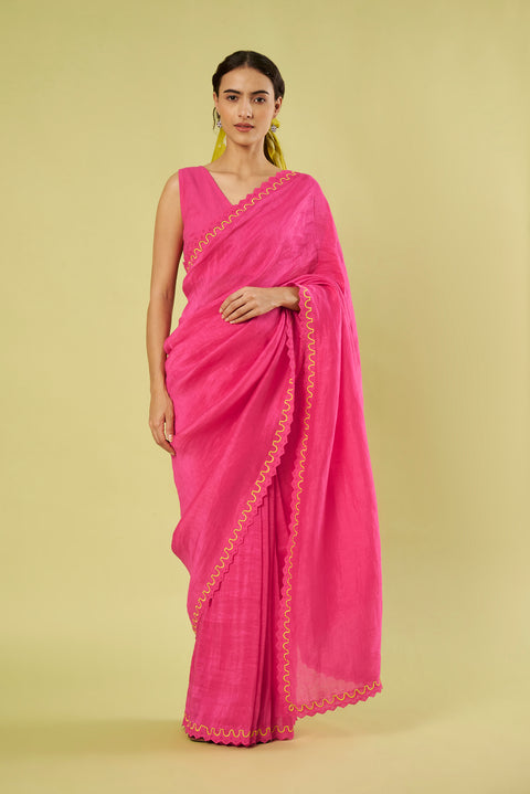 Pink Linen Saree with Embroidered Patch Lace, Scalloped Border & Khadi Cotton Blouse (Set of 2)