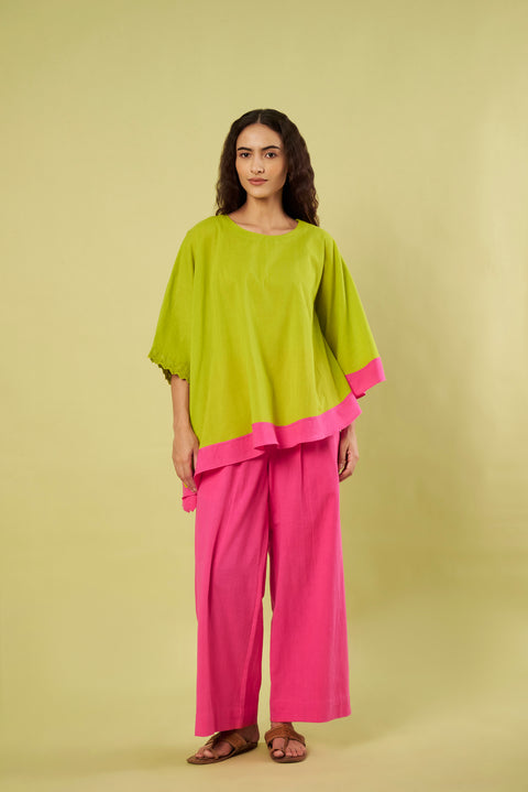 Lime Green Asymmetric Tunic Co-Ord Set with Lace Detail & Handwoven Khadi Pants (Set of 2)
