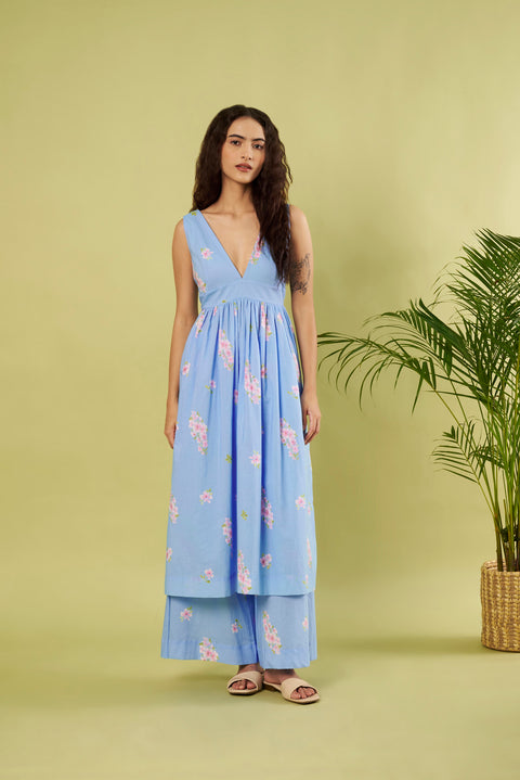 V-Neck Printed Cotton Kurta with Palazzo (Set of 2)