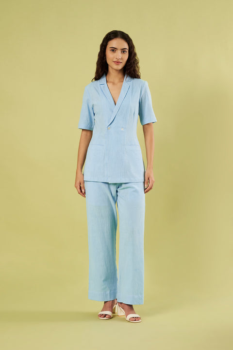 Co-ord set with Light Blue Khadi Jacket Style Shirt and Pants (Set of 2)