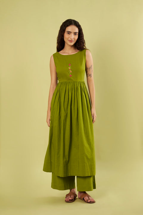 Contemporary Olive Green Co-Ord Set with High Slit Kurta & Cotton Pants (Set of 2)