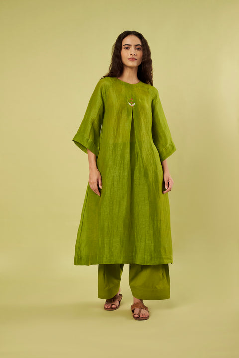 Olive Green Breathable Linen A-Line Kurta with Front Back Pleats & Green Salwar (Set of 2)