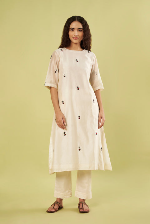 Relaxed Fit Chanderi Kurta with Embroidered Bootis & Pants (Set of 2)