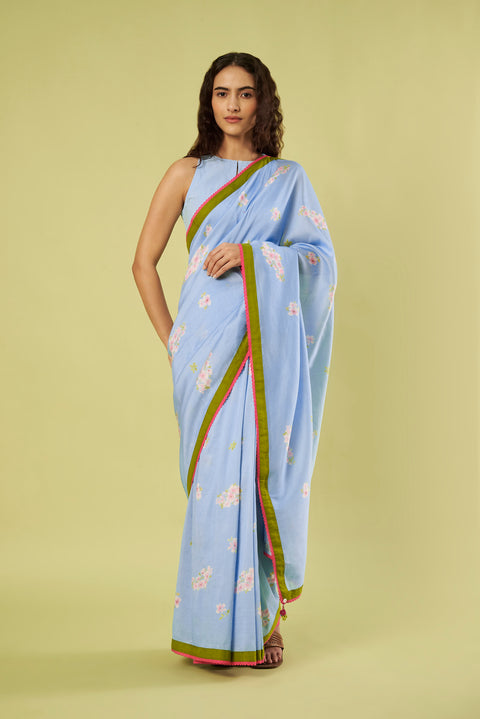 Light Blue Printed Chanderi Saree with Contrast Lace Details paired with Khadi Blouse (Set of 2)