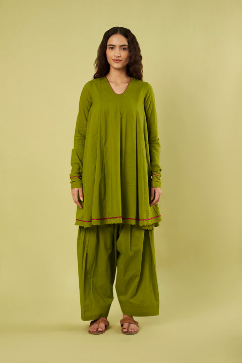 Olive Green A-Line Tunic  with Farshi Salwar (Set of 2)