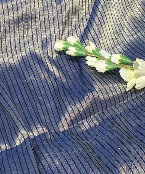 Pinstripe Zari Fabric in Silver & Navi (Handloom)