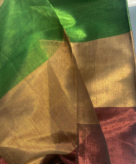 Handwoven Zari Fabric in Green, Gold & Coffee (Handloom)