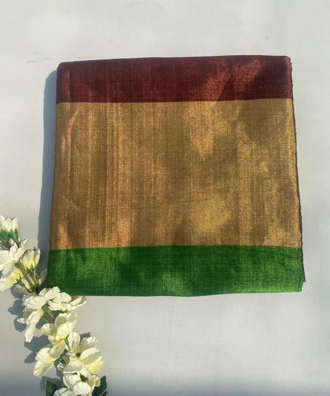 Handwoven Zari Fabric in Green, Gold & Coffee (Handloom)