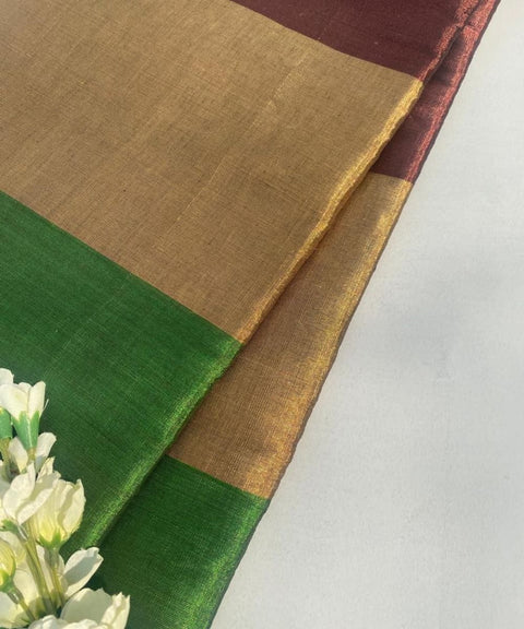 Handwoven Zari Fabric in Green, Gold & Coffee (Handloom)
