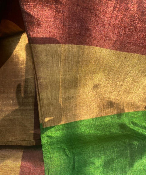 Handwoven Zari Fabric in Green, Gold & Coffee (Handloom)