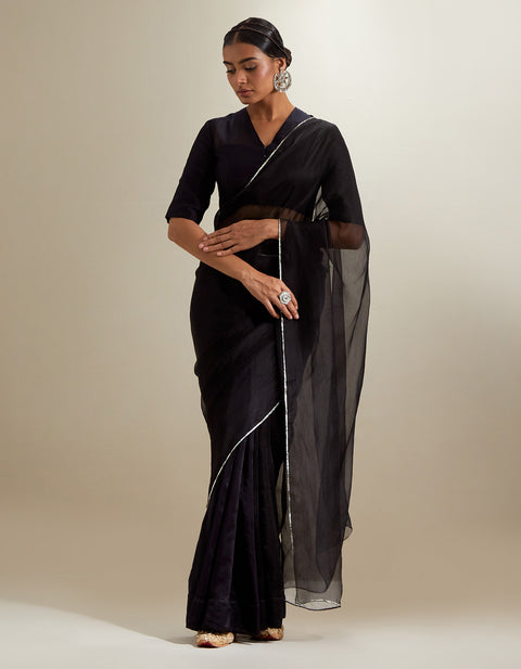 Buy Embroidered Ready-to-Wear Chanderi & Katan Saree with Blouse – Black (Set of 2) | Vinusto