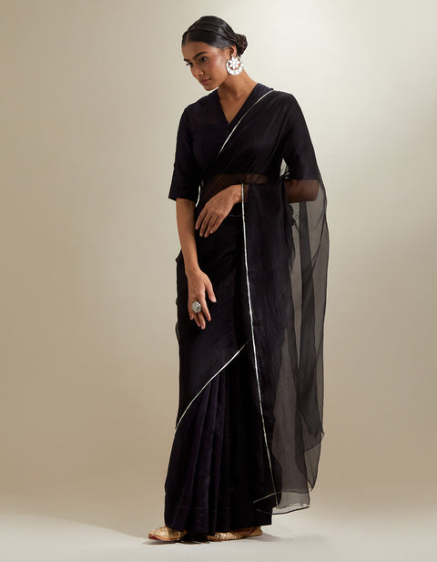 Order Embroidered Ready-to-Wear Chanderi & Katan Saree with Blouse – Black (Set of 2) | Vinusto