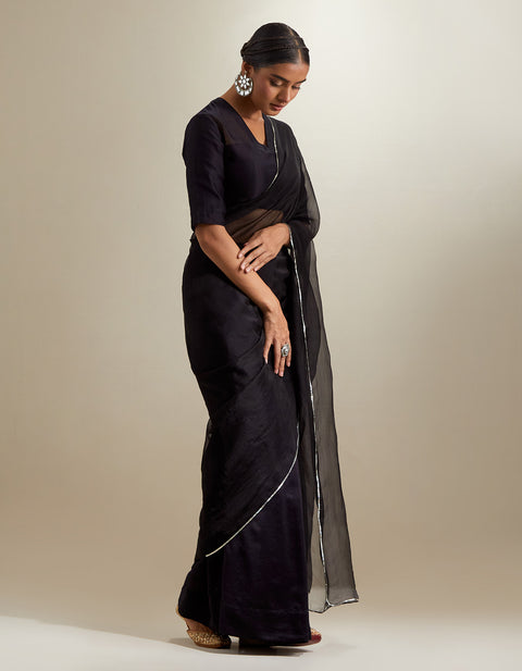 Shop Embroidered Ready-to-Wear Chanderi & Katan Saree with Blouse – Black (Set of 2) | Vinusto