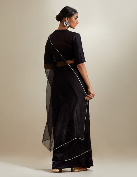 Premium Embroidered Ready-to-Wear Chanderi & Katan Saree with Blouse – Black (Set of 2) | Vinusto