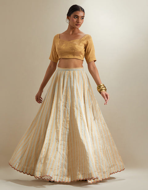 Buy Silver-Gold Zari Stripe Lehenga with Gold Blouse & Red Chanderi Dupatta | Vinusto
