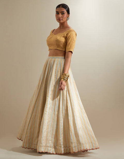 Premium Silver-Gold Zari Stripe Lehenga with Gold Blouse & Red Chanderi Dupatta | Vinusto