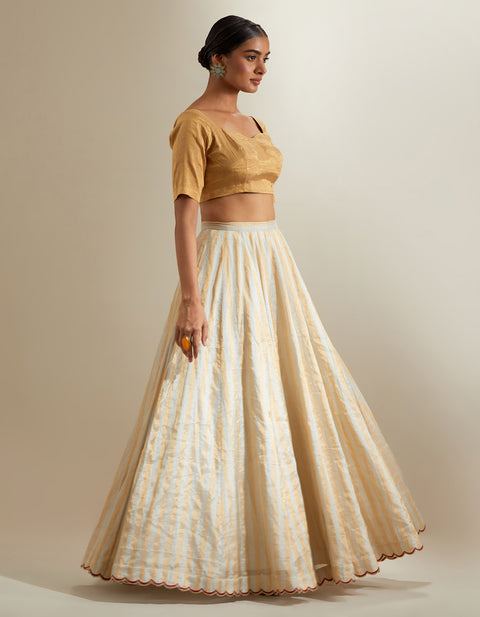 Order Silver-Gold Zari Stripe Lehenga with Gold Blouse & Red Chanderi Dupatta | Vinusto