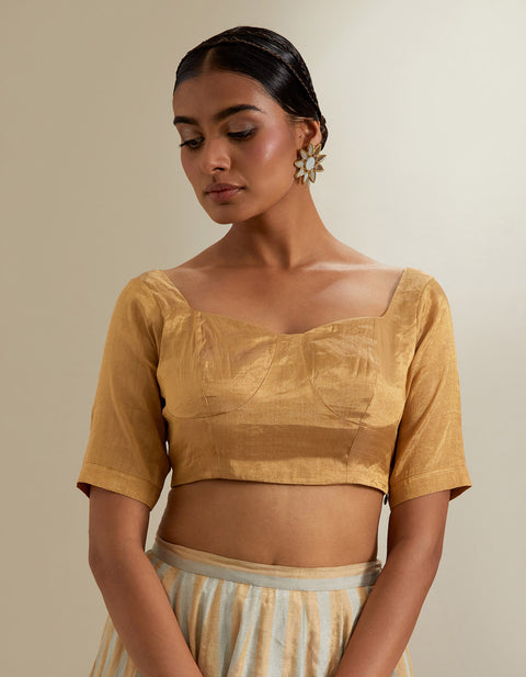 Handcraft Silver-Gold Zari Stripe Lehenga with Gold Blouse & Red Chanderi Dupatta | Vinusto