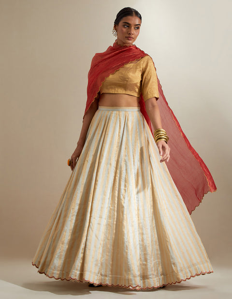 Shop Silver-Gold Zari Stripe Lehenga with Gold Blouse & Red Chanderi Dupatta | Vinusto