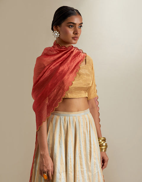 Luxury Silver-Gold Zari Stripe Lehenga with Gold Blouse & Red Chanderi Dupatta | Vinusto