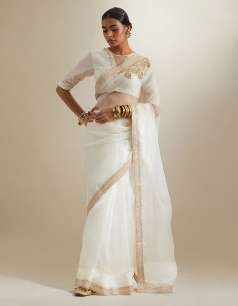 Shop Ivory Katan Saree with Lace Border & Embroidered Chanderi Blouse (Set of 2) | Vinusto