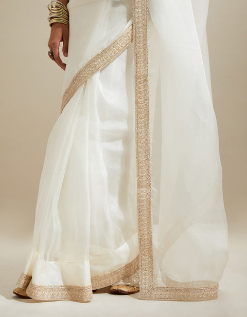 Luxury Ivory Katan Saree with Lace Border & Embroidered Chanderi Blouse (Set of 2) | Vinusto