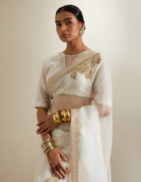 Order Ivory Katan Saree with Lace Border & Embroidered Chanderi Blouse (Set of 2) | Vinusto