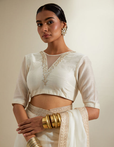 Premium Ivory Katan Saree with Lace Border & Embroidered Chanderi Blouse (Set of 2) | Vinusto