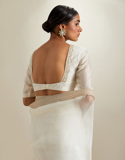 Handcraft Ivory Katan Saree with Lace Border & Embroidered Chanderi Blouse (Set of 2) | Vinusto