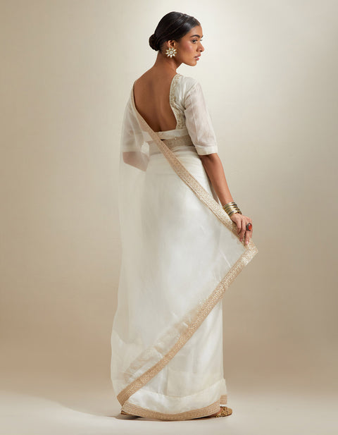 100% Authentic Ivory Katan Saree with Lace Border & Embroidered Chanderi Blouse (Set of 2) | Vinusto