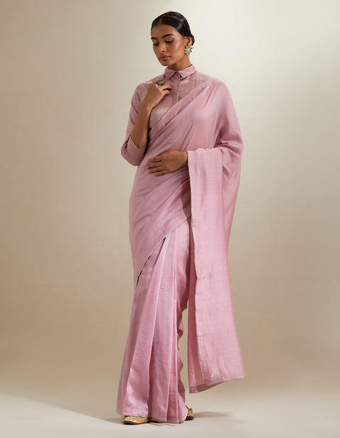 Shop Light Pink Chanderi Saree with Lace Trim & Zari Blouse (Set of 2) | Vinusto