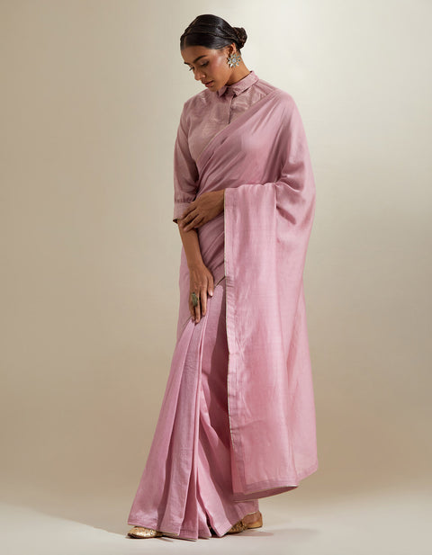 Buy Light Pink Chanderi Saree with Lace Trim & Zari Blouse (Set of 2) | Vinusto