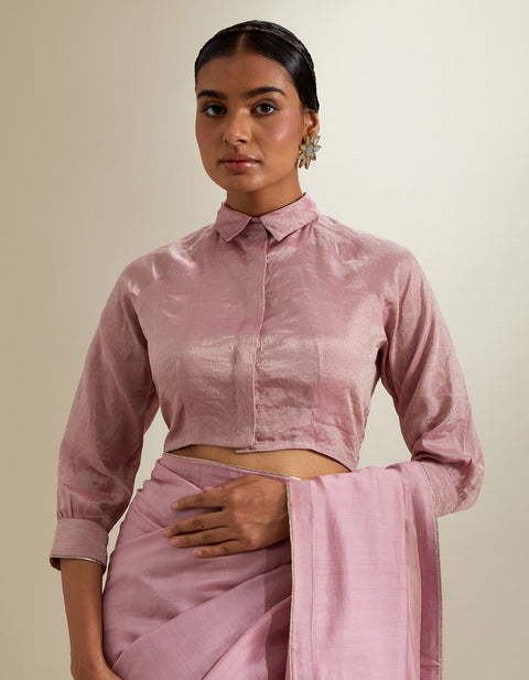 Luxury Light Pink Chanderi Saree with Lace Trim & Zari Blouse (Set of 2) | Vinusto