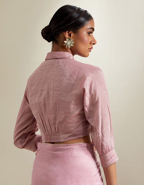Premium Light Pink Chanderi Saree with Lace Trim & Zari Blouse (Set of 2) | Vinusto