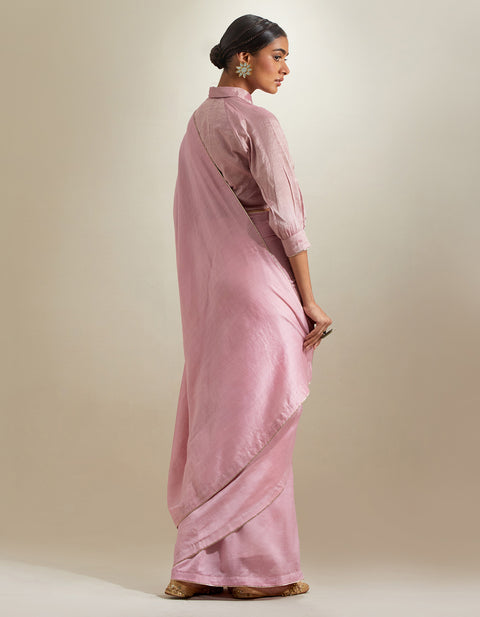 Handcraft Light Pink Chanderi Saree with Lace Trim & Zari Blouse (Set of 2) | Vinusto