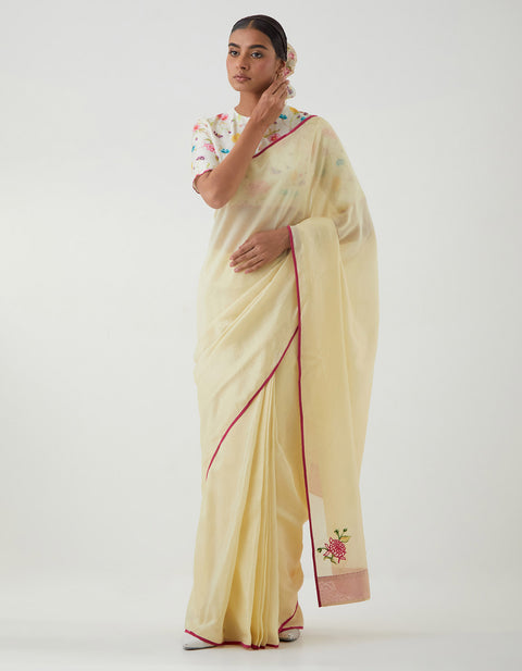 Ready to wear Lime Saree with Printed Scallop Blouse (Set of 2)