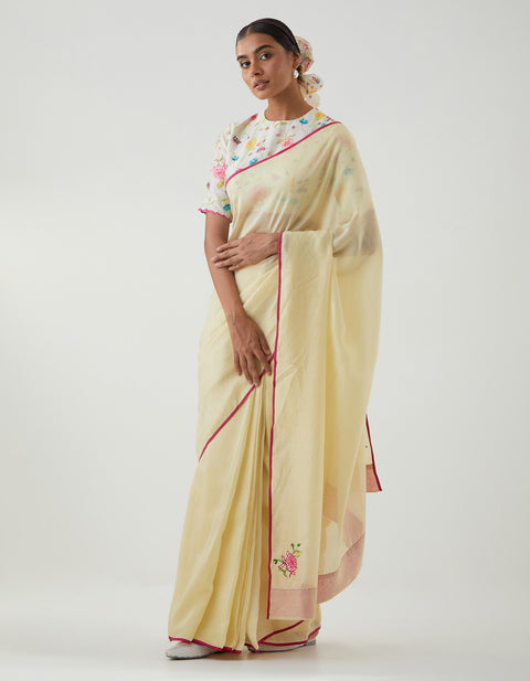 Ready to wear Lime Saree with Printed Scallop Blouse (Set of 2)