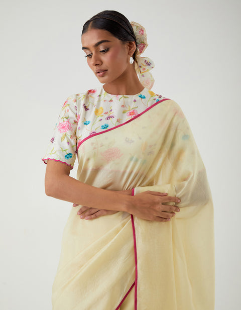 Ready to wear Lime Saree with Printed Scallop Blouse (Set of 2)