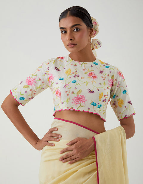 Ready to wear Lime Saree with Printed Scallop Blouse (Set of 2)