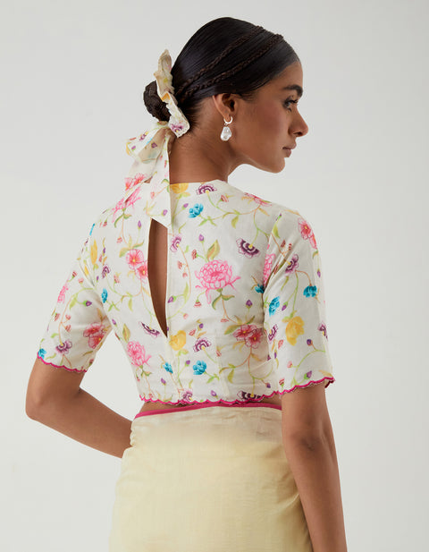 Ready to wear Lime Saree with Printed Scallop Blouse (Set of 2)