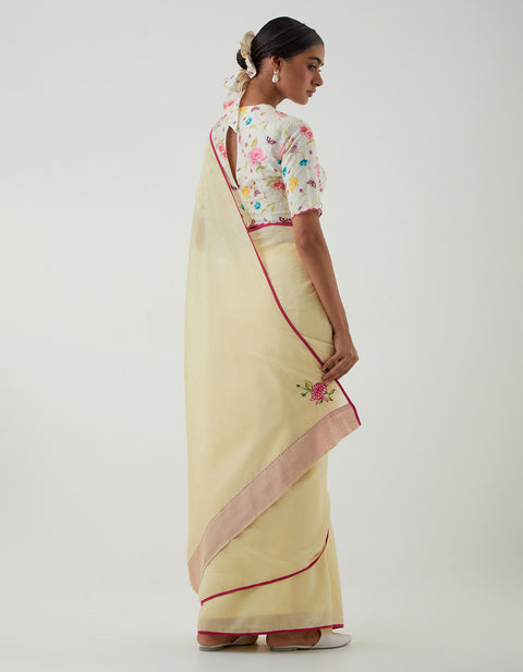 Ready to wear Lime Saree with Printed Scallop Blouse (Set of 2)