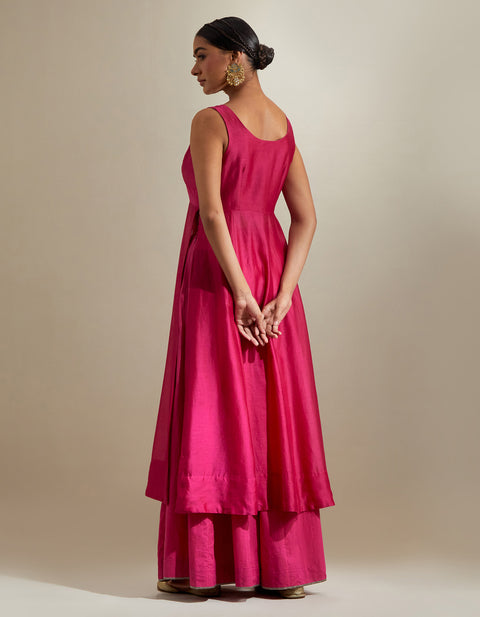 Premium Hot Pink Plunge V-Neck Chanderi Kurta & Cotton Palazzo Set (2-Piece) | Vinusto