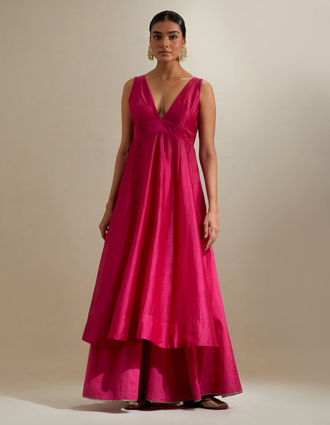 Shop Hot Pink Plunge V-Neck Chanderi Kurta & Cotton Palazzo Set (2-Piece) | Vinusto