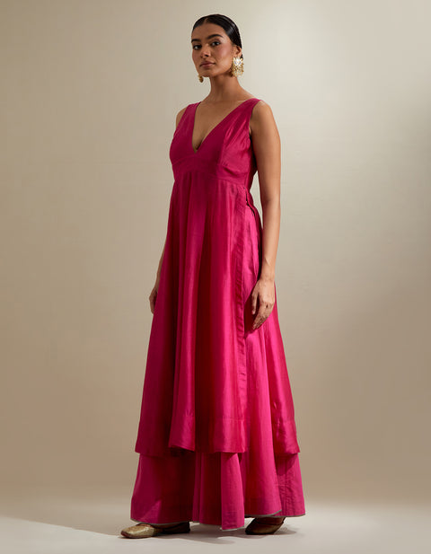 Order Hot Pink Plunge V-Neck Chanderi Kurta & Cotton Palazzo Set (2-Piece) | Vinusto