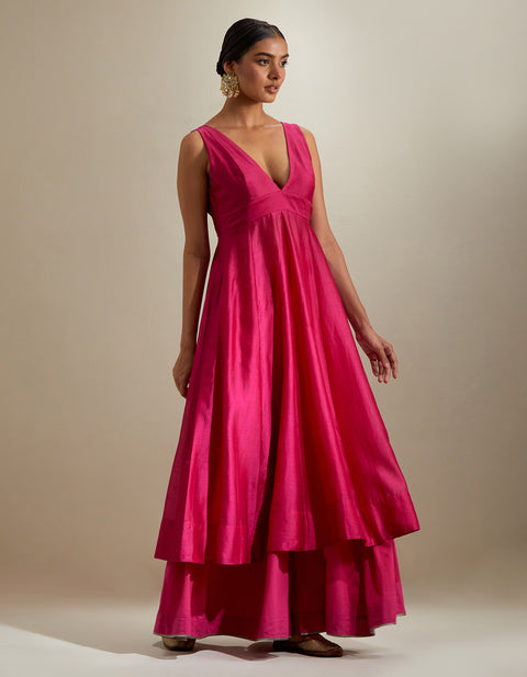 Buy Hot Pink Plunge V-Neck Chanderi Kurta & Cotton Palazzo Set (2-Piece) | Vinusto