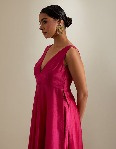Luxury Hot Pink Plunge V-Neck Chanderi Kurta & Cotton Palazzo Set (2-Piece) | Vinusto