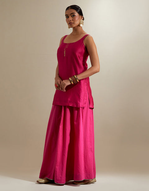 Premium Strappy Short Kurti with Cotton Sharara & Embroidered Katan Dupatta – Hot Pink (Set of 3) | Vinusto